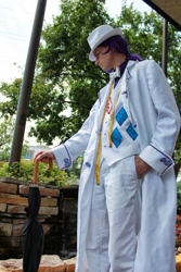 Size: 1024x1536 | Tagged: safe, artist:thearcdesigns, elusive, rarity, human, bowtie, clothes, cosplay, glasses, hat, irl, irl human, measuring tape, photo, rule 63, solo, suit, umbrella, vest