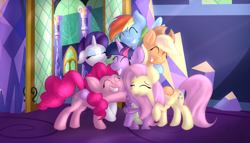 Size: 1400x800 | Tagged: safe, artist:d-sixzey, derpibooru import, applejack, fluttershy, pinkie pie, rainbow dash, rarity, spike, twilight sparkle, twilight sparkle (alicorn), alicorn, dragon, earth pony, pegasus, pony, unicorn, female, group hug, hug, mane seven, mane six, mare, twilight's castle