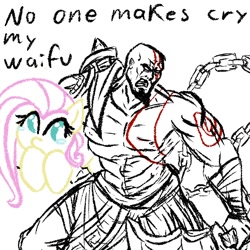 Size: 1500x1500 | Tagged: safe, artist:burnoid096, fluttershy, human, chains, crying, engrish, god of war, grammar error, kratos