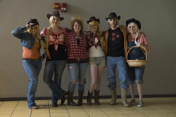 Size: 1000x667 | Tagged: artist needed, safe, artist:ethan hellstrom, applejack, human, basket, convention, cosplay, group photo, irl, irl human, line-up, ohayocon, photo