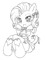 Size: 520x686 | Tagged: safe, artist:auntie_grub, rarity, pony, unicorn, blushing, clothes, dress, monochrome, solo