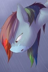 Size: 2000x3000 | Tagged: safe, artist:baldmoose, derpibooru import, rainbow dash, pegasus, pony, discorded, rain, rainbow ditch, sad, solo, wet mane