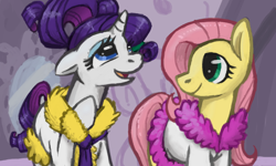 Size: 854x512 | Tagged: safe, artist:athensthegreat, fluttershy, rarity, pegasus, pony, unicorn, female, horn, mare, spa