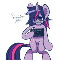 Size: 1037x841 | Tagged: safe, artist:extradan, derpibooru import, twilight sparkle, semi-anthro, unicorn, female, grin, hoof hold, lidded eyes, mare, mugshot, sign, smiling, solo, tomoko kuroki, watamote