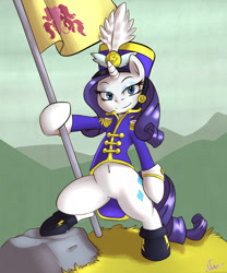 Size: 1200x1440 | Tagged: safe, artist:atane27, rarity, pony, unicorn, testing testing 1-2-3, ancient wonderbolts uniform, belly button, bipedal, boots, clothes, female, flag, frock coat, hat, hoof hold, mare, sgt. rarity, shako, shoes, solo, uniform