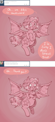 Size: 1280x2828 | Tagged: safe, artist:superlucky13, pinkie pie, bat pony, pony, ask, ask bat pony pinkie, comic, female, mare, race swap, solo, tumblr