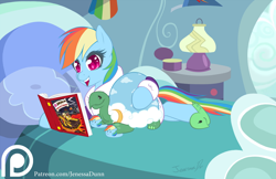 Size: 900x582 | Tagged: safe, artist:jenessa dunn, derpibooru import, daring do, rainbow dash, tank, pegasus, pony, bathrobe, bed, bedroom, blanket, book, clothes, dashie slippers, lamp, nightstand, patreon, patreon logo, pennant, pillow, robe, signature, slippers, tank slippers