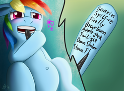 Size: 1920x1410 | Tagged: safe, artist:jphyperx, derpibooru import, rainbow dash, pegasus, pony, belly button, biting, blushing, heart, mouth hold, pen, psychotic, shipping, solo