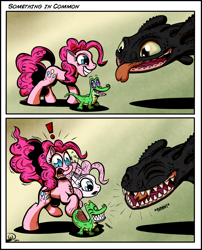 Size: 2100x2600 | Tagged: safe, artist:gray--day, gummy, pinkie pie, dragon, earth pony, pony, comic, crossover, gradient background, how to train your dragon, night fury, retractable teeth, teeth, toothless the dragon