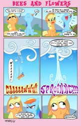 Size: 792x1224 | Tagged: safe, artist:henbe, derpibooru import, applejack, rainbow dash, earth pony, pegasus, pony, birth, bungee jumping, cloud, comic, crying, dialogue, foal, freckles, offscreen character, open mouth, outdoors, sitting, smiling, speech bubble, stunned, umbilical cord, what has been seen