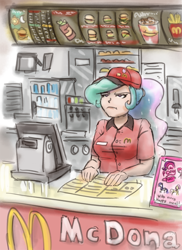 Size: 728x1000 | Tagged: safe, artist:king-kakapo, princess celestia, human, grumpy, happy meal, humanized, mcdonald's, restaurant, scowl, solo, working