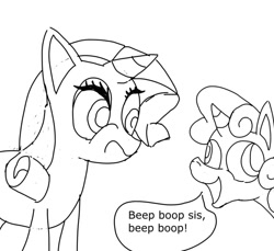 Size: 933x856 | Tagged: safe, artist:fillerartist, rarity, sweetie belle, sweetie bot, pony, robot, robot pony, unicorn, female, filly, foal, horn, mare, monochrome, open mouth, reference, rubberfruit, simple background, speech bubble, white background