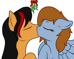 Size: 1250x1000 | Tagged: safe, artist:fearingfun, artist:tres-apples, derpibooru import, oc, oc only, oc:fearingfun, pegasus, pony, eyes closed, female, floppy ears, kissing, male, mistletoe, straight