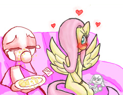 Size: 1485x1148 | Tagged: safe, artist:redanon, angel bunny, fluttershy, oc, oc:anon, pegasus, pony, blushing, cookie, crush, food, heart, jealous, sitting, sofa, tears of joy