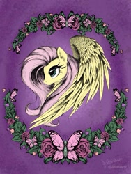 Size: 768x1024 | Tagged: safe, artist:altohearts, fluttershy, butterfly, pegasus, pony, flower, leaves, profile, solo