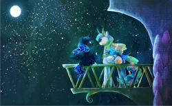 Size: 1464x900 | Tagged: safe, artist:chi-hayu, princess celestia, princess luna, alicorn, pony, balcony, canterlot, female, mare, moon, night, night sky, royal sisters, scenery, sisters, sitting, sparkly, stars