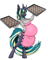 Size: 2400x3000 | Tagged: safe, artist:riddleaellinea, oc, oc only, oc:vanilla buns, anthro, unguligrade anthro, unicorn, apron, belly, big belly, bread, clothes, cookie, female, housewife, looking at you, pregnant, simple background, solo, transparent background