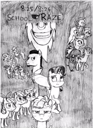 Size: 2351x3228 | Tagged: safe, artist:someguy458, derpibooru exclusive, apple bloom, applejack, chancellor neighsay, cozy glow, fluttershy, gallus, ocellus, pinkie pie, rainbow dash, rarity, sandbar, scootaloo, silverstream, smolder, starlight glimmer, sweetie belle, twilight sparkle, yona, classical hippogriff, earth pony, griffon, hippogriff, pegasus, pony, unicorn, school raze, season 8, black and white, cutie mark crusaders, grayscale, mane six, monochrome, student six, tirek's revenge, wip