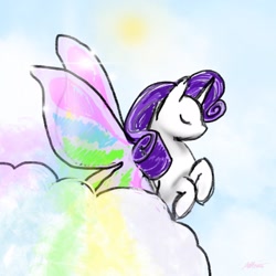 Size: 1774x1774 | Tagged: safe, artist:usiku, rarity, pony, unicorn, sonic rainboom (episode), butterfly wings, cloud, flying, solo