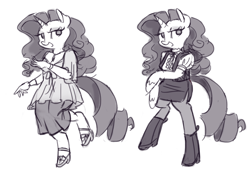 Size: 1000x690 | Tagged: safe, artist:king-kakapo, rarity, anthro, arm hooves, boots, clothes, dress, monochrome, pantyhose, simple background, skirt, solo