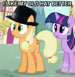 Size: 513x523 | Tagged: safe, edit, edited screencap, screencap, applejack, twilight sparkle, earth pony, pony, dialogue, fedora shaming, hat, image macro, trilby