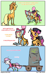 Size: 1050x1680 | Tagged: safe, artist:i-am-knot, apple bloom, applejack, scootaloo, sweetie belle, earth pony, pony, balloon, clothes, comic, cutie mark crusaders, cutie mark crusading, easter island, hat, hazmat suit, inner tube, jet, jet engine, moai, propeller hat, roller skates, show stopper outfits, statue, wat, welding mask