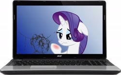 Size: 2048x1260 | Tagged: safe, edit, rarity, pony, unicorn, acer, bronybait, computer, fourth wall, injured, laptop computer, photoshop, sad