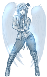 Size: 1342x2180 | Tagged: safe, artist:blueteardrop, derpibooru import, rainbow dash, human, clothes, female, humanized, monochrome, simple background, white background, winged humanization, wings