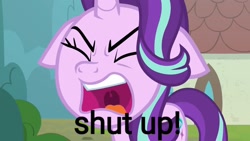 Size: 1280x720 | Tagged: safe, edit, edited screencap, screencap, starlight glimmer, pony, unicorn, the parent map, eyes closed, female, floppy ears, mare, reaction image, shut up, solo, text edit