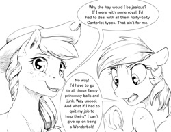 Size: 990x765 | Tagged: safe, artist:silfoe, derpibooru import, applejack, rainbow dash, earth pony, pegasus, pony, ask, cowboy hat, duo, female, grayscale, hat, mare, monochrome, royal sketchbook, simple background, sketch, tumblr, underhoof, white background