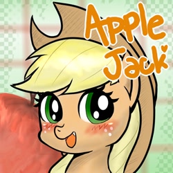 Size: 600x600 | Tagged: safe, artist:doubt, applejack, earth pony, pony, blushing, pixiv, smiling, solo