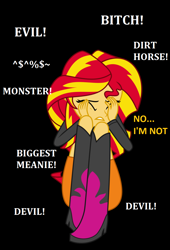 Size: 820x1208 | Tagged: safe, sunset shimmer, equestria girls, abuse, clothes, drama bait, op is a cuck, op is trying to start shit, op isn't even trying anymore, sad, shimmerbuse, sitting, skirt, sunsad shimmer, vulgar