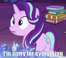 Size: 786x691 | Tagged: safe, screencap, starlight glimmer, pony, unicorn, shadow play, animated, apology, book, caption, cropped, cute, cutie map, floppy ears, gif, glimmerbetes, image macro, looking down, sad, sadorable, solo, text