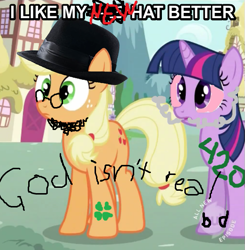 Size: 513x523 | Tagged: safe, applejack, twilight sparkle, earth pony, pony, 1000 hours in ms paint, 420, 4chan, atheism, euphoric, fedora shaming, hat, marijuana, ms paint, neckbeard, op is a cuck, op is trying to start shit, quality, trilby