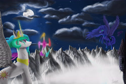 Size: 6000x4000 | Tagged: safe, artist:craszh, princess celestia, princess luna, alicorn, pony, elements of harmony, fight, moon, mountain, night