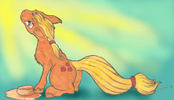 Size: 1153x666 | Tagged: safe, artist:foxofwar, applejack, earth pony, pony, chest fluff, looking up, sitting, solo, sun, unshorn fetlocks