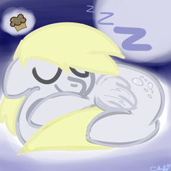 Size: 3000x3000 | Tagged: safe, artist:cloufy, derpy hooves, pegasus, pony, female, food, mare, muffin, sleeping, solo, zzz