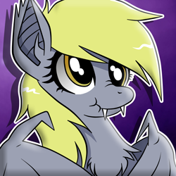 Size: 3000x3000 | Tagged: safe, artist:taartje123, derpy hooves, bat pony, pony, :t, abstract background, bat ponified, bust, chest fluff, cute, derpabetes, derpybat, ear tufts, fangs, female, gradient background, mare, nose wrinkle, purple background, race swap, scrunchy face, simple background, smiling, solo, spread wings, wings
