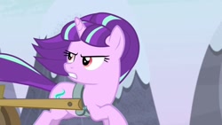 Size: 1280x720 | Tagged: safe, edit, edited screencap, screencap, starlight glimmer, pony, unicorn, the cutie map, cart, female, looking back, mare, red eyes, running, s5 starlight, solo