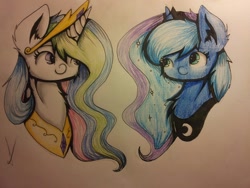 Size: 1088x816 | Tagged: safe, artist:fredsonv, princess celestia, princess luna, alicorn, pony, bust, ear fluff, traditional art