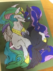 Size: 768x1024 | Tagged: safe, artist:kuzumori, princess celestia, princess luna, alicorn, pony, crown, female, horn, mare, siblings, sisters