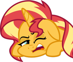 Size: 5000x4214 | Tagged: safe, artist:orin331, sunset shimmer, pony, unicorn, absurd resolution, female, floppy ears, grumpy, mare, one eye closed, prone, simple background, solo, squishy cheeks, transparent background