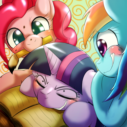 Size: 1000x1000 | Tagged: safe, artist:ushiro no kukan, derpibooru import, pinkie pie, rainbow dash, twilight sparkle, earth pony, pegasus, pony, cute, diapinkes, face doodle, laughing, prank, sleeping