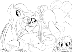 Size: 1280x918 | Tagged: safe, artist:dotkwa, derpibooru import, fluttershy, pinkie pie, rainbow dash, twilight sparkle, twilight sparkle (alicorn), alicorn, earth pony, pegasus, pony, female, mare, monochrome, plot, sandwich, sketch, sketch dump, tongue out