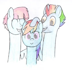 Size: 1441x1387 | Tagged: safe, artist:zypdvwasarting, derpibooru import, bow hothoof, rainbow dash, windy whistles, pegasus, pony, atg 2018, family, head pat, long neck, newbie artist training grounds, pat, traditional art