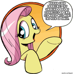 Size: 421x431 | Tagged: safe, fluttershy, pegasus, pony, bad advice fluttershy, blue eyes, dialogue, exploitable meme, female, mare, meme, open mouth, pink mane, raised hoof, raised leg, simple background, smiling, smoking, solo, speech bubble, talking to viewer, text, underhoof, yellow coat