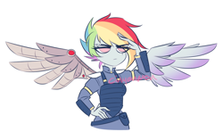 Size: 1250x738 | Tagged: safe, artist:cinyanmon, derpibooru import, rainbow dash, cyborg, equestria girls, alternate timeline, amputee, apocalypse dash, armor, augmented, clothes, crystal war timeline, female, metal wing, prosthetic limb, prosthetic wing, prosthetics, salute, signature, simple background, solo, white background, wings