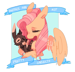 Size: 845x803 | Tagged: safe, artist:pawsmilk, fluttershy, pegasus, pony, rabbit, animal, eyes closed, mouthpiece, old banner, solo