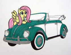 Size: 960x748 | Tagged: safe, artist:patridam, fluttershy, pegasus, pony, car, convertible, solo, traditional art, volkswagen, volkswagen beetle