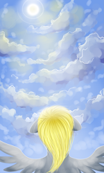 Size: 1275x2125 | Tagged: safe, artist:ghst-qn, derpy hooves, pegasus, pony, cloud, floppy ears, flying, sky, solo, spread wings, sun